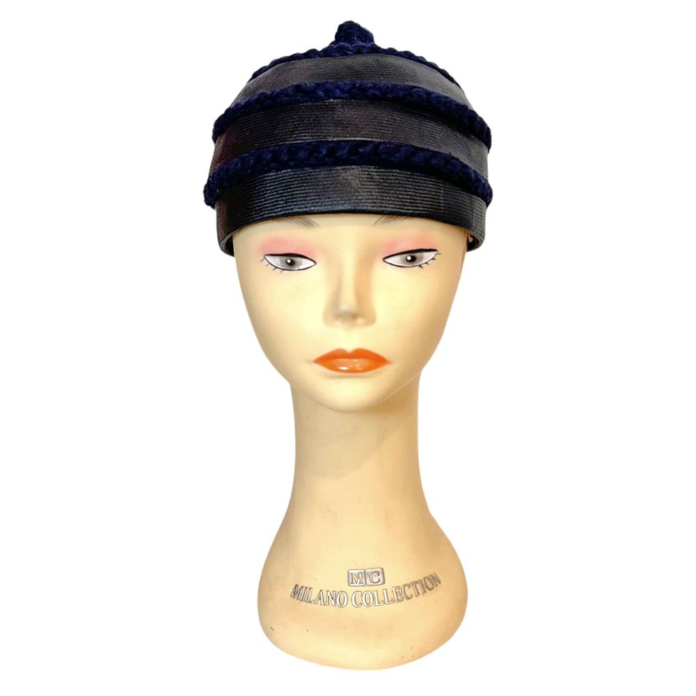 Vintage CHRISTIAN DIOR Navy Blue Raffia and Wood Trim Cloche Hat, Size S